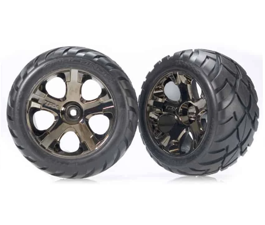 Traxxas Tires & wheels assembled glued All-Star black chrome wheels Anaconda tires foam inserts nitro rear/ electric front 3 Traxxas Tires & wheels assembled glued All-Star black chrome wheels Anaconda tires foam inserts nitro rear/ electric front
